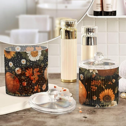 2 Pack Qtip Dispenser Apothecary Jars with Lids Cotton Round Holder Bathroom Canisters for Cotton Swab Floss Ball Pads Clear Plastic Decorative Black Pumpkins Sunflowers Daisy