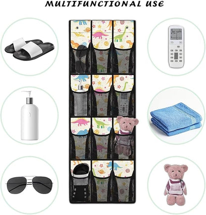 Multi-Functional Over the Door Organizer with 12 Mesh Pockets, Storage Hanging Bag Behind the Door for Shoes Accessories Cleaning Supplies for Home Office Use, Cartoon Dinosaur