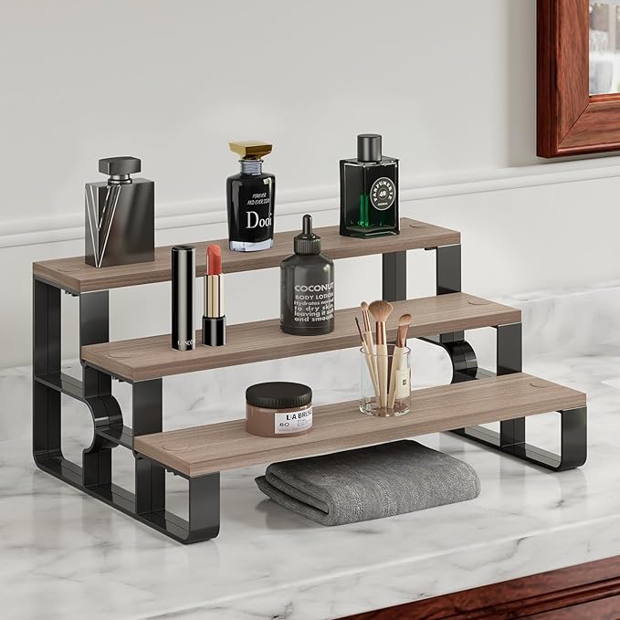 Perfume Organizer for Men,Cologne Organizer for Dresser,3 Tier Bathroom Organizer,Makeup Organizers,Wooden Display Riser Stand for Vanity,Bedroom,Dressing(Walnut-Width=11.2")
