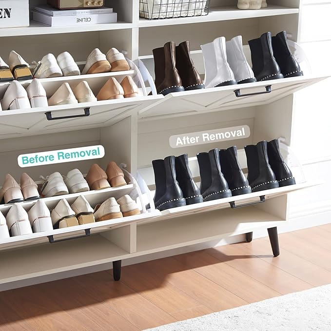 Barnyatoh Shoe Storage Cabinet,Farmhouse Shoe Organizer with 4 Flip Drawers & Barn Door Design,Freestanding Hidden Slim Narrow Shoe Rack with Open Shelves for Entryway,Foyer,Hallway,Antique White
