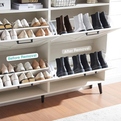 Barnyatoh Shoe Storage Cabinet,Farmhouse Shoe Organizer with 4 Flip Drawers & Barn Door Design,Freestanding Hidden Slim Narrow Shoe Rack with Open Shelves for Entryway,Foyer,Hallway,Antique White