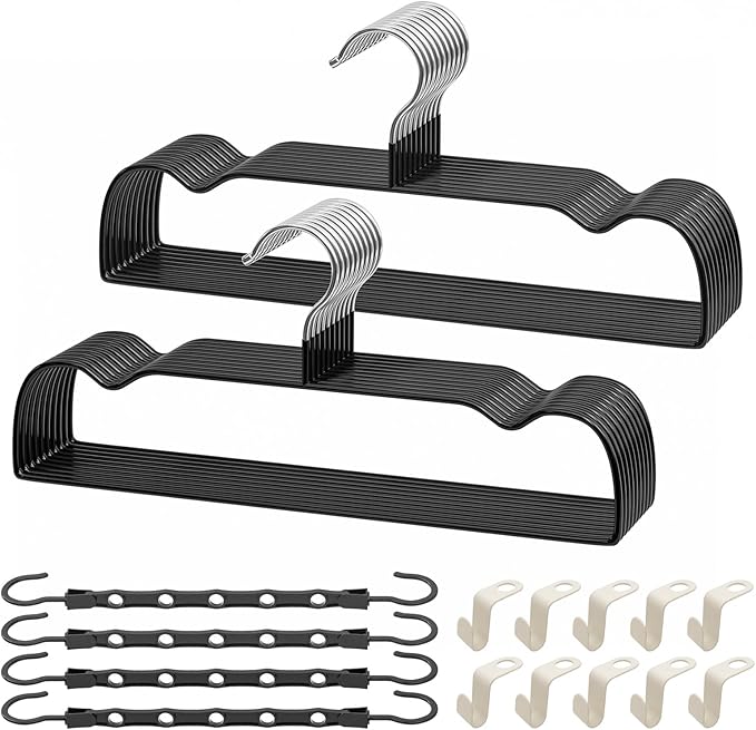 Black Rubber Coated Metal Pants Hangers 20 Pack with Shoulder Notches, Non-Slip, Heavy Duty, Space Saving Closet Organizer for Slacks, Scarf, Ties, Includes 4 Magic Hangers and 10 Hooks