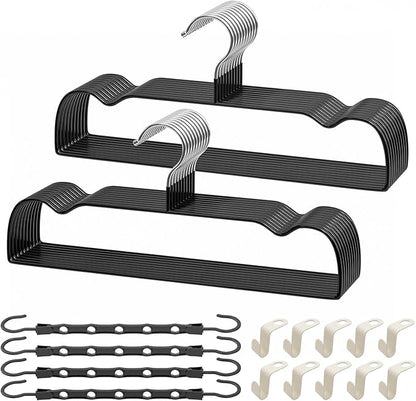 Black Rubber Coated Metal Pants Hangers 20 Pack with Shoulder Notches, Non-Slip, Heavy Duty, Space Saving Closet Organizer for Slacks, Scarf, Ties, Includes 4 Magic Hangers and 10 Hooks