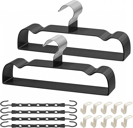 Black Rubber Coated Metal Pants Hangers 20 Pack with Shoulder Notches, Non-Slip, Heavy Duty, Space Saving Closet Organizer for Slacks, Scarf, Ties, Includes 4 Magic Hangers and 10 Hooks