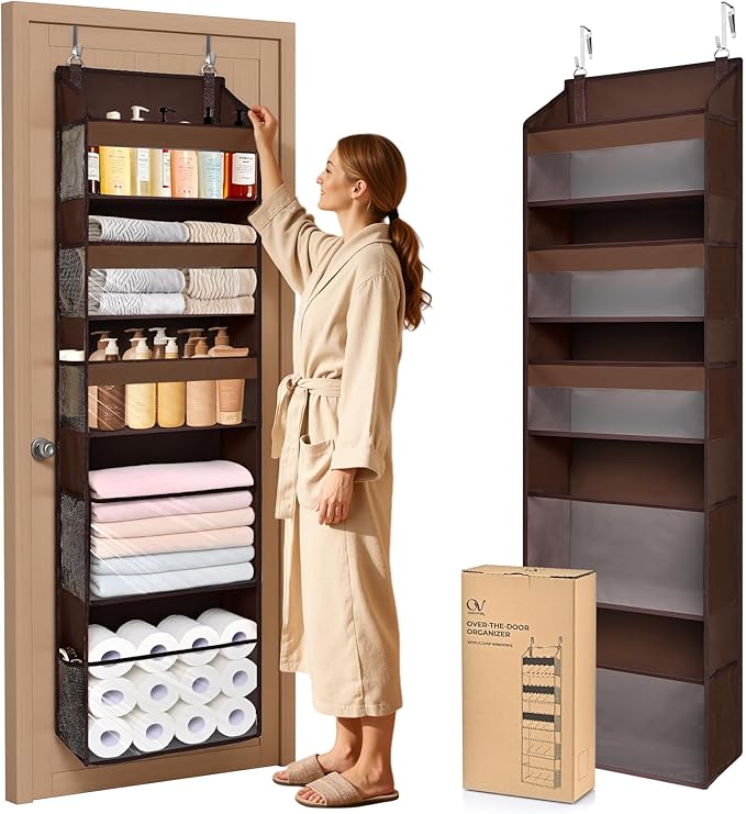 5 Tiers Over Door Organizer with 10 Mesh Side Pockets, 44 lbs Weight Capacity Hanging Storage Organizer with Clear Window Kids Toys, Shoes, Diapers, Dark Brown