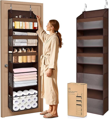 5 Tiers Over Door Organizer with 10 Mesh Side Pockets, 44 lbs Weight Capacity Hanging Storage Organizer with Clear Window Kids Toys, Shoes, Diapers, Dark Brown