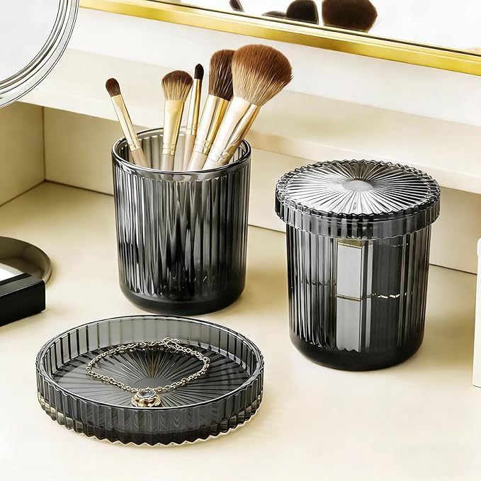 Glass Qtip Dispenser 2 Pack, Clear Bathroom Storage Organizer for Cotton Swabs, Balls, Pads & Floss Picks, Vanity Makeup Essential Accessories (Gray)