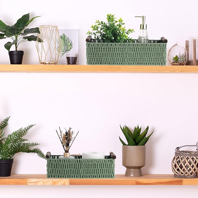 Boao 3 Pcs Boho Storage Wicker Baskets Handmade Woven Decorative Paper Rope Baskets for Organizing with Handle Countertop Toilet Paper Storage Container for Toilet Tank Top