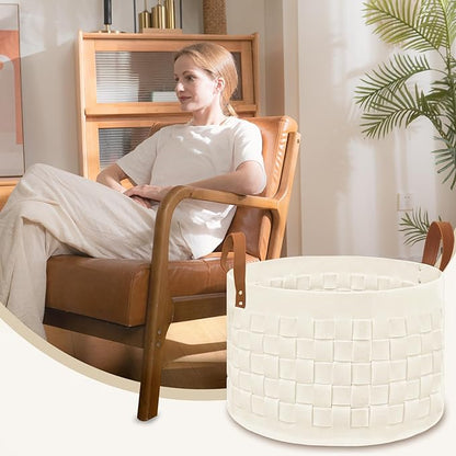 BOLDMONEKY Blankets Basket 20" x20 " x11.8 ", Large Round Laundry Hamper with Leather Handle, Soft Dog Toy Woven Basket for Storage-Beige