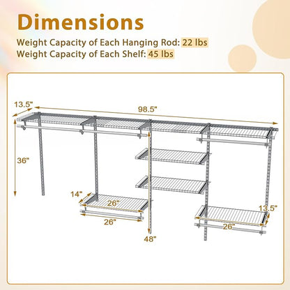 Tangkula 4 to 8 FT Custom Closet System, Wall Mounted Closet with Hanging Rod, Metal Hanging Storage Organizer Rack Wardrobe with Shelves, Adjustable Closet System Kit for Bedroom (Gray)