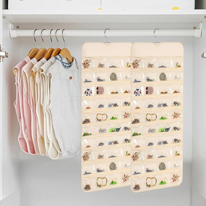 4 Pack Hanging Jewelry Organizer with 80 Clear Pockets, Double-Sided Hanger for Closet Door Wall, Beige Jewelry Holder for Earrings, Necklaces, Bracelets