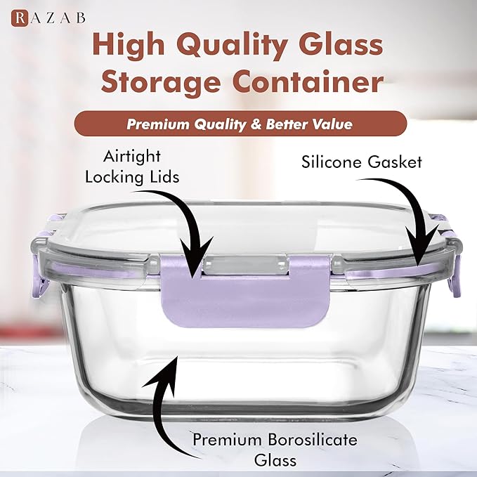 Razab 2 PC 1200ML / 41 Oz Glass Food Storage Containers with Lids - Airtight & Leakproof - Microwave/Oven/Freezer Safe - BPA Free - Ideal for Meal Prep, Storing Leftover & Lunch