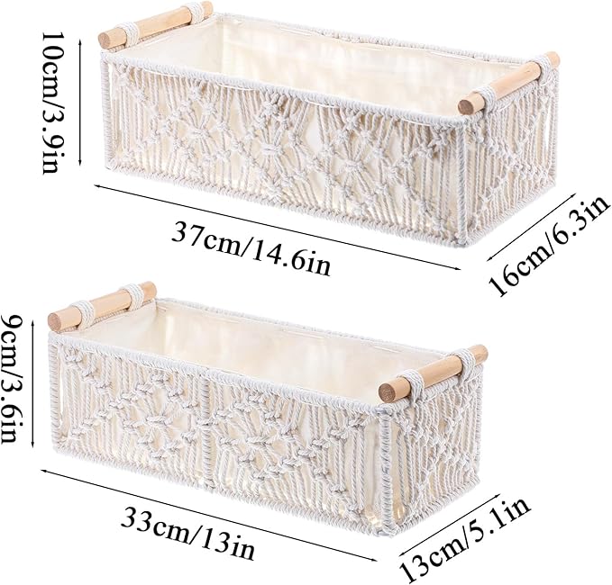 2 Pack Macrame Storage Baskets, Boho Decor Baskets Woven Storage Boxes for Organization Countertop Toilet Paper Basket for Home Decor Bedroom Nursery Livingroom Entryway, White