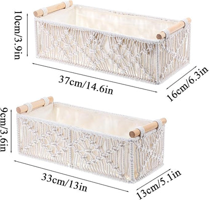 2 Pack Macrame Storage Baskets, Boho Decor Baskets Woven Storage Boxes for Organization Countertop Toilet Paper Basket for Home Decor Bedroom Nursery Livingroom Entryway, White