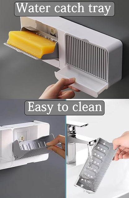 [Dual-Room] Dust-Proof Soap Holder for Shower Wall, Adhesive Wall-Mounted Bar Soap Dish, No-Drill Plastic Soap Saver with Drain, xicveiuz White-Grey