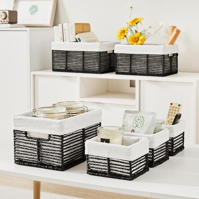 Vagusicc Wicker Storage Basket, 6 Pack Baskets for Organizing, Wicker Baskets with Handle, Rectangular Woven Basket for Storage Shelves, Cube Storage Bins for Closet/Clothes/Dresser, Black