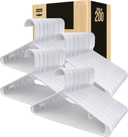 Utopia Home Plastic Hangers 200 Pack - Space Saving Clothes Hanger - Durable & Strong Closet Organizers and Storage with Built-in Strap Hooks - Essential for Shirts, Pants, Skirts & Coats (White)