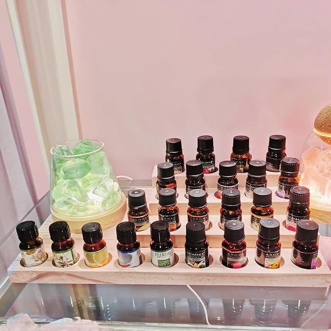 Wooden Essential Oil Rack 4 Tier Essential Oil Holder Shelves for Oil Solid Wood Essential Oil Organizer 25-Bottle Essential Oil Display Stand Tabletop Storage Rack for 5-20ml Bottles