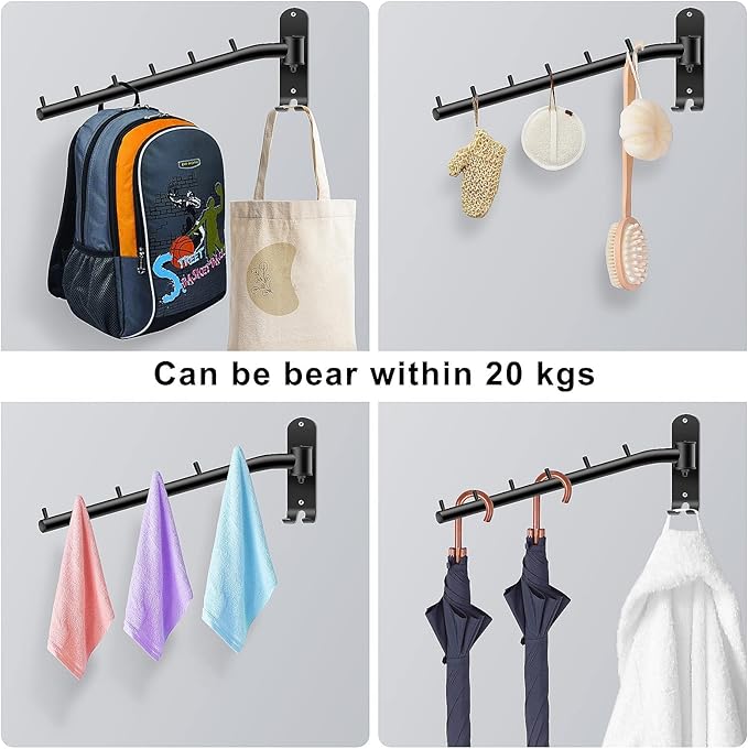Bosszi 2-Pack Wall Mounted Folding Clothes Hanger Rack, Stainless Steel Clothes Hooks with Swing Arm Holder Space Saving Clothing Hanging System Closet Storage Organizer Heavy Duty Drying Rack (Black)
