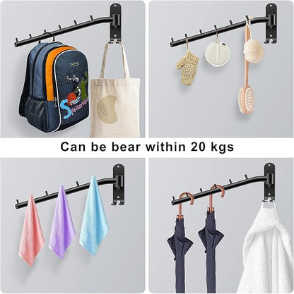Bosszi 2-Pack Wall Mounted Folding Clothes Hanger Rack, Stainless Steel Clothes Hooks with Swing Arm Holder Space Saving Clothing Hanging System Closet Storage Organizer Heavy Duty Drying Rack (Black)