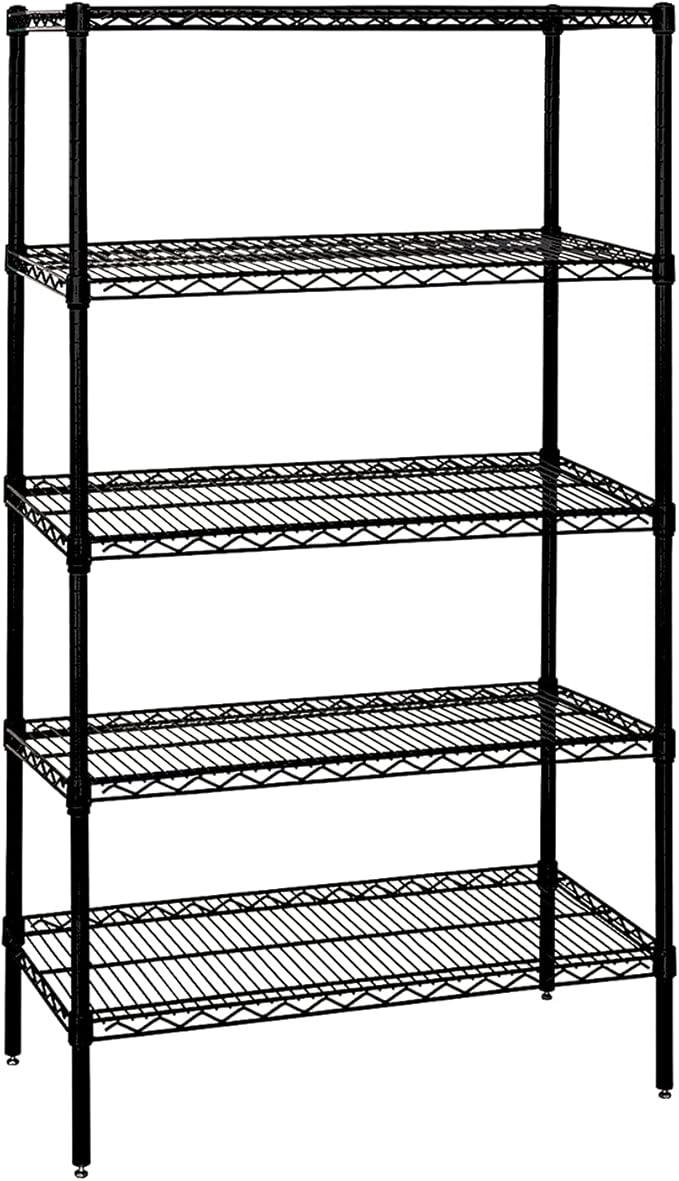 Quantum Storage Systems WR86-2130BK-5 Wire Shelving Starter Kit, 30" W x 21" D x 86" H, 600 lbs Capacity, Carbon Steel, Epoxy Coated, Black, NSF