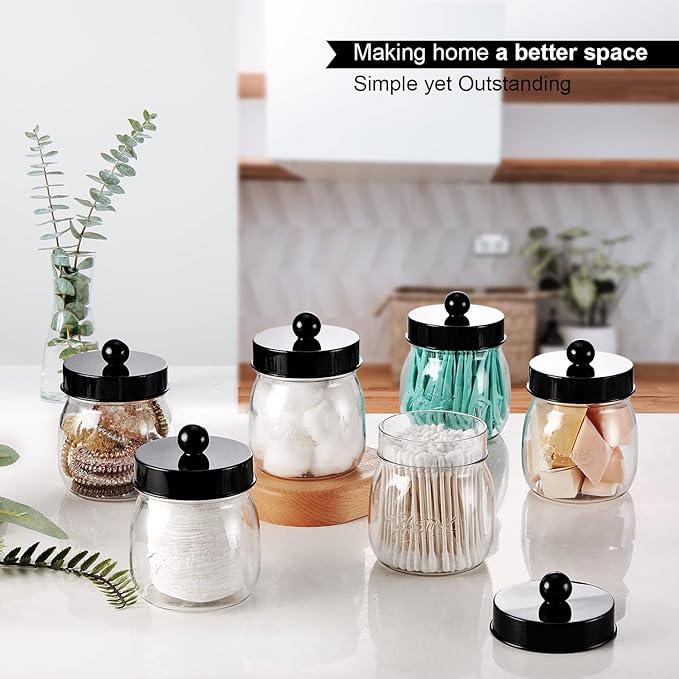 6 Pack Qtip Holder Bathroom Set, SheeChung Plastic Mason Jar Apothecary Jar Set for Bathroom Vanity Storage Organizer, Farmhouse/Home Decor, 12 Labels (Black)