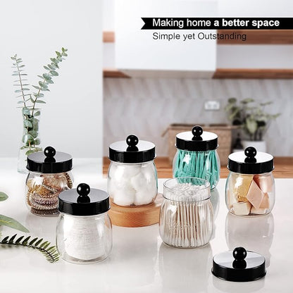 SheeChung 3 Pack Qtip Holder Bathroom Jar Set, Apothecary Mason Jar for Bathroom Vanity Home Storage Organizer, Plastic Acrylic Qtip Dispenser for Cotton Swab, Floss Pick, Farmhouse/Home Decor (Black)