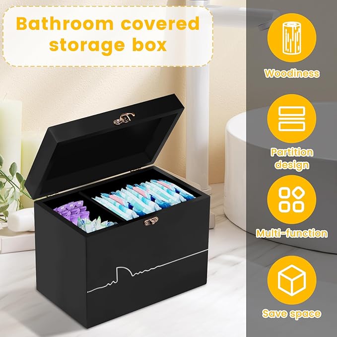 Tampon Holder for Bathroom Wooden Feminine Product Organizer with Lid Pad and Tampon Organizer for Bathroom Tampon Storage Sanitary Napkin Holder for Girl Stuff (Black)