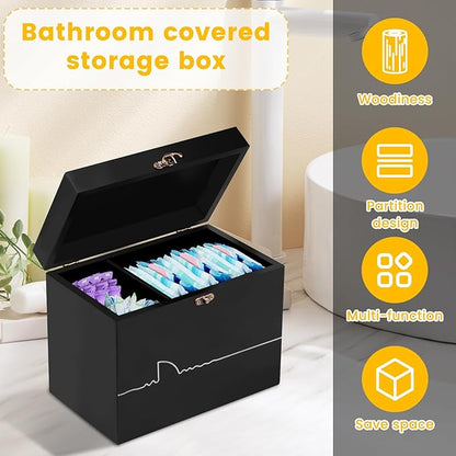 Tampon Holder for Bathroom Wooden Feminine Product Organizer with Lid Pad and Tampon Organizer for Bathroom Tampon Storage Sanitary Napkin Holder for Girl Stuff (Black)
