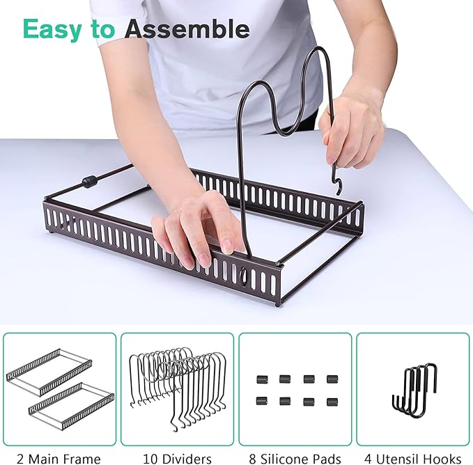 Puricon Drink Organizer for Fridge Pusher Glide Bundle with Expandable Pot and Pan Organizer for Cabinet with 10 Dividers