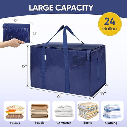 TICONN 4 Pack Extra Large Moving Bags Heavy Duty with Zippers & Carrying Handles, Durable Storage Bags Moving Boxes for Closet Organizers and Storage (4 Pack, Navy)