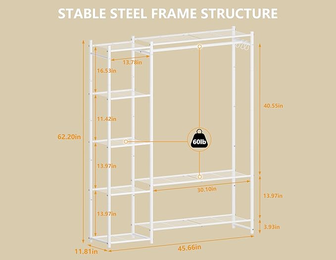 Wardrobe Closet,Portable Clothes Rack with 4 Tiers Shelves,Freestanding Closet Organizers and Storage System with Hanging Rods,Steel Clothing Rack Suitable for Cloakrooms,Bedrooms,Entrances,etc.White