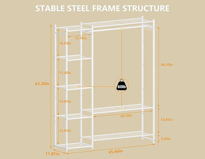 Wardrobe Closet,Portable Clothes Rack with 4 Tiers Shelves,Freestanding Closet Organizers and Storage System with Hanging Rods,Steel Clothing Rack Suitable for Cloakrooms,Bedrooms,Entrances,etc.White