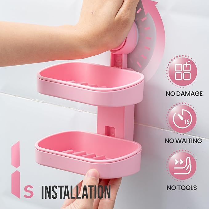 TAILI Soap Holder Soap Dish for Shower, Suction Cup Soap Holder for Shower Wall, Bathroom Accessories, Removable Strong Hold Soap Saver, Drill Free, Pink 2 Layer