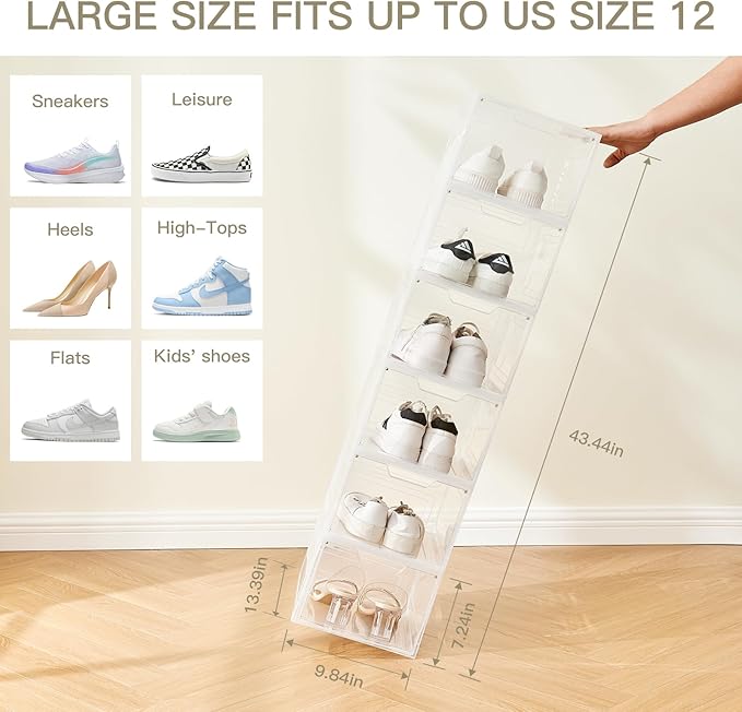 6PCS Magnetic Door Transparent Shoe Box, Stackable Space-Saving Organizer for Bedroom/Bathroom/Closet/Entryway