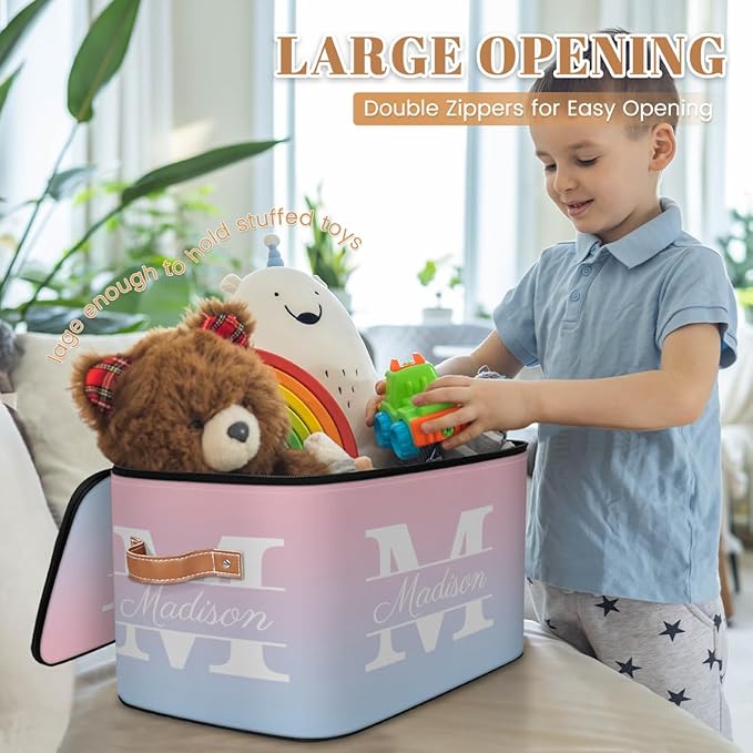 Custom Storage Bins with Initial Name, Personalized Storage Basket Boxes with Lid, Foldable Shelf Basket, Blue Pink Gradient