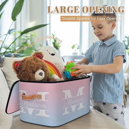 Custom Storage Bins with Initial Name, Personalized Storage Basket Boxes with Lid, Foldable Shelf Basket, Blue Pink Gradient