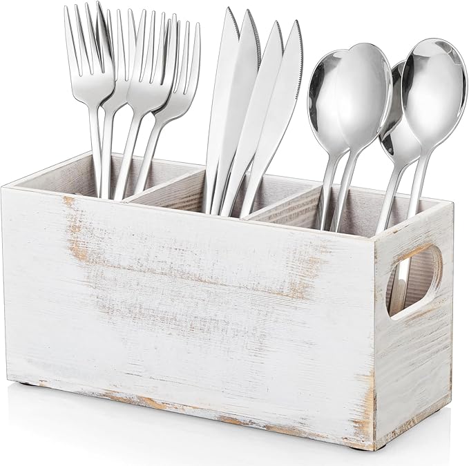 DRASTAR Wooden Silverware Caddy, Flatware Cutlery Holder, Silverware Organizer for Party, Kitchen Utensil Holder for Countertop, Retro White