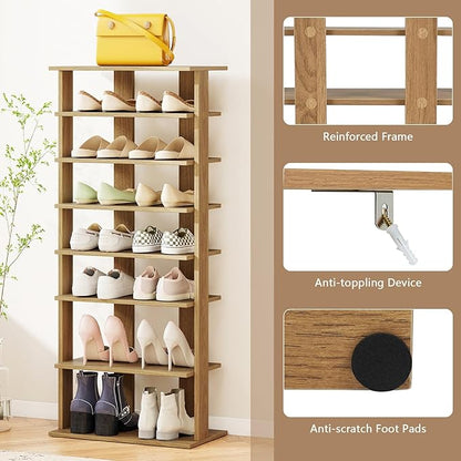 Giantex 8-Tier Wooden Shoe Rack, Patented Double Row Shoe Organizer for 16 Pairs, Customizable Height, Space-Saving Shoe Storage Stand for Entryway, Hallway, Living Room, Bedroom, Natural