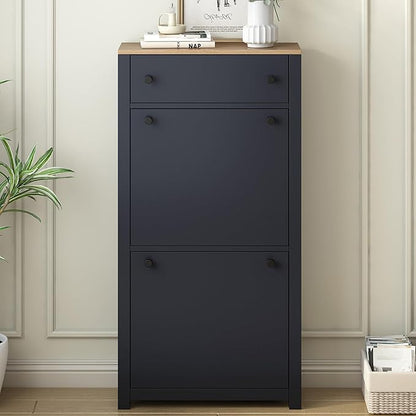 Modern Shoe Cabinet with 2 Flip Doors and 1 Storage Drawer Free-Standing Wooden Shoe Rack Shoe Storage Organizer for Entryway Hallway Small Space(Black&Natural)