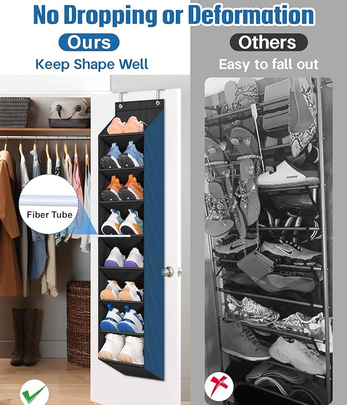 SLEEPING LAMB 2 Pack Narrow Over The Door Shoe Organizer with 8 Large Deep Pockets (Black) and Long 3-Tier Shoe Organizer for Closet, Stackable Wide Shoe Rack (Black)