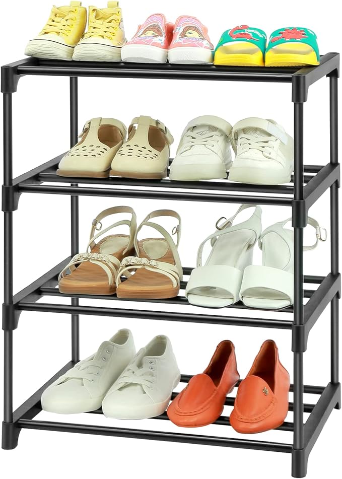 HITHIM 4-Tier Small Shoe Racks, Narrow Shoe Rack for 6-8 Pairs Shoe Storage,Kids Shoe Racks for Small Place,Lightweight Stackable Shoe Shelf Organizer for Closet,Black