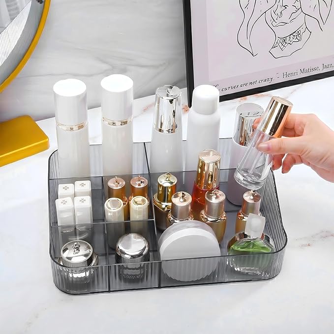 DASITON Large Capacity Makeup Brush Holder, 7 Slot Makeup Brush Cup, Vintage Striped Make Up Brush Holder, Makeup Tray Organizer for Vanity Decor, Bathroom Countertops, Desk Storage Container (Grey)