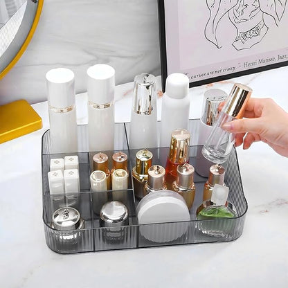 DASITON Large Capacity Makeup Brush Holder, 7 Slot Makeup Brush Cup, Vintage Striped Make Up Brush Holder, Makeup Tray Organizer for Vanity Decor, Bathroom Countertops, Desk Storage Container (Grey)