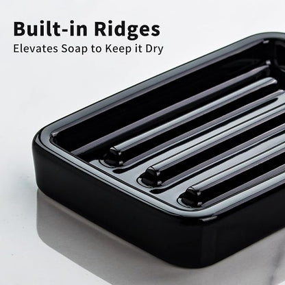 Ceramic Soap Dish with Raised Ridges, Rectangle Soap Tray, Decorative Soap Holder for Bathroom Counter, Shower and Kitchen Sink, Black