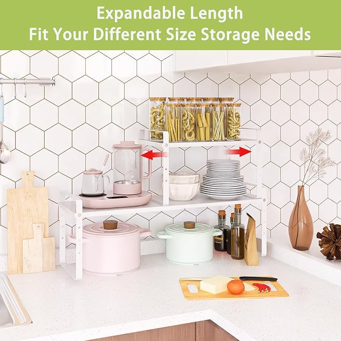 Across-Star Expandable Cabinet Shelf Organizer Rack, Stackable Kitchen Counter Storage Shelves Stand, Adjustable Height Pantry Shelf Spice Rack