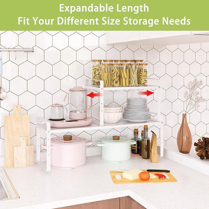 Across-Star Expandable Cabinet Shelf Organizer Rack, Stackable Kitchen Counter Storage Shelves Stand, Adjustable Height Pantry Shelf Spice Rack (White, 2 Pack)