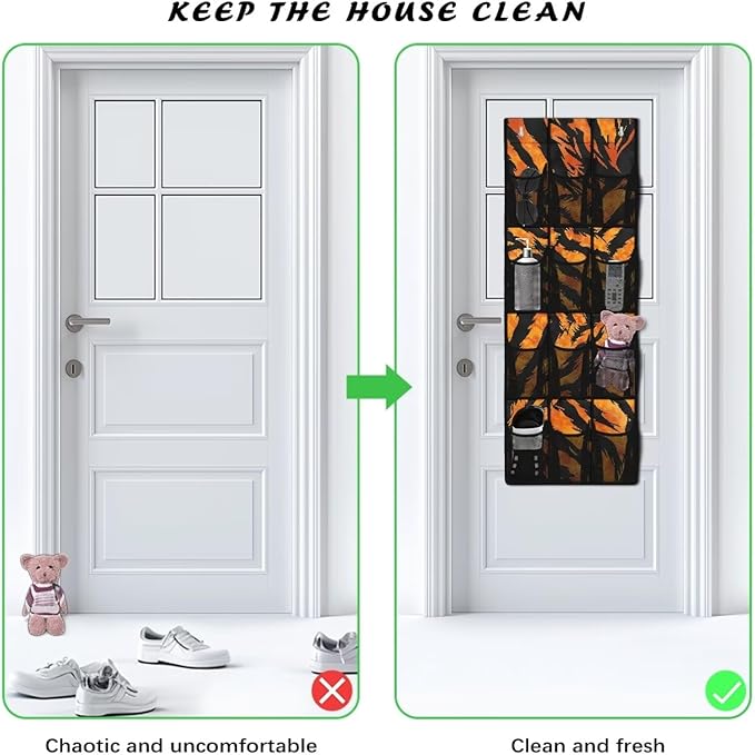 Heavy Duty 12-Pocket Door Hanging Storage Bag, Waterproof Oxford Fabric, Lightweight Foldable and Perfect for Maximizing Space in Any Room, Tiger Skin Stripe