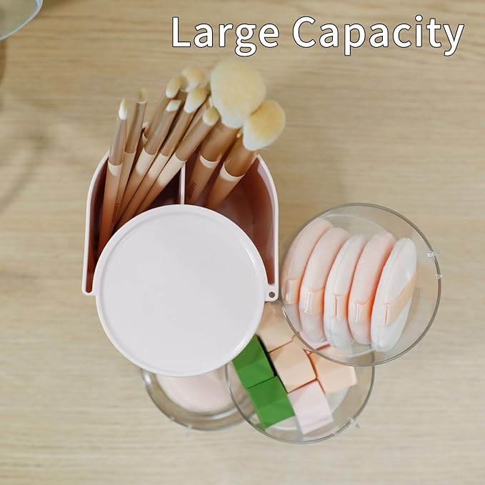 FABROK 3-Layer Hair Accessories Organizer with Brushes Holder, Rotating Small Jewelry Box for Hair Ties Clip Earring Necklaces, Bathroom Vanity Desktop Organizer Case for Cotton Swab(Pink)