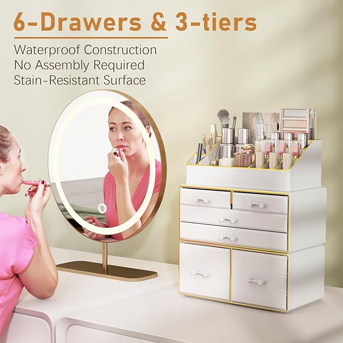 Delamu 3-Tier 6-Drawer Makeup Organizer Countertop Cosmetic Organizer for Dresser and Vanity Bathroom Organizers and Storage for Lipstick Brush Skincare Perfume, Nail Polish, White with Gold Edges
